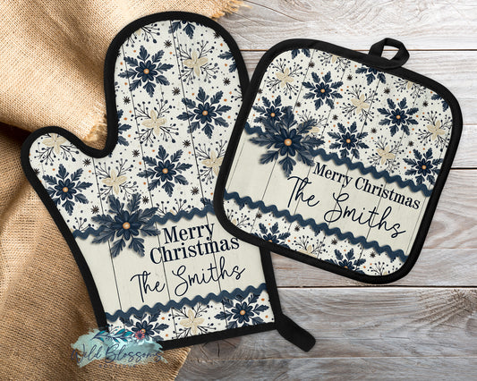 Rustic Navy and Cream Snowflake Personalized Pot Holder And Oven Mitt