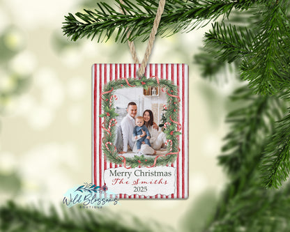 Rustic Red Striped Personalized Photo Ornament