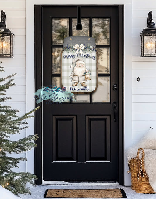 Rustic Santa Sage Buffalo Plaid Floral Personalized Mason Jar Door Hanger