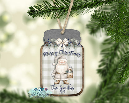 Rustic Sage Buffalo Plaid Floral Mason Jar Personalized Ornament