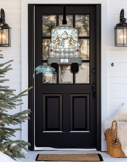 Rustic Snowman Green Buffalo Plaid Winter Personalized Truck Door Hanger