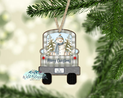 Rustic Snowman Green Buffalo Plaid Truck Personalized Ornament