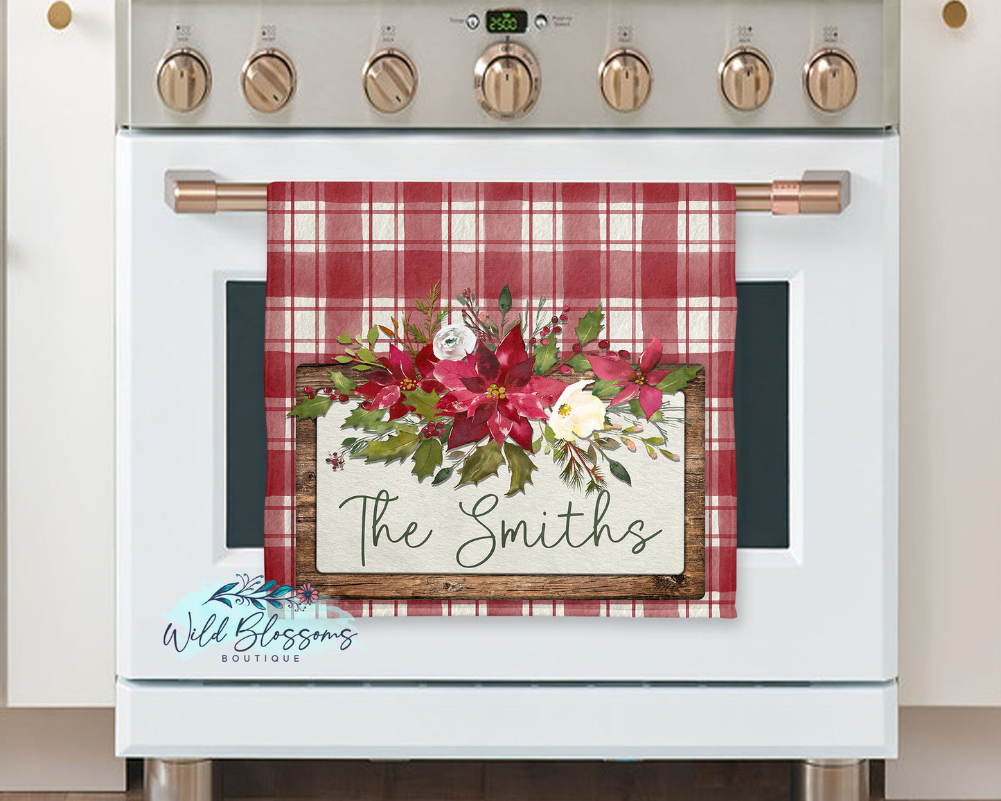 Rustic Wooden Buffalo Plaid Poinsettia Floral Personalized Kitchen Towel