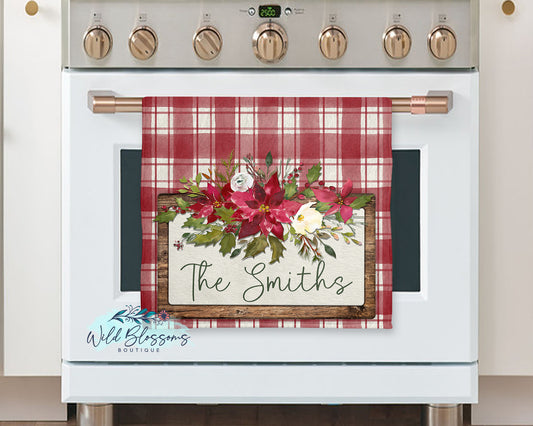 Rustic Wooden Buffalo Plaid Poinsettia Floral Personalized Kitchen Towel