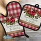 Rustic Wooden Buffalo Plaid Poinsettia Floral Personalized Pot Holder And Oven Mitt