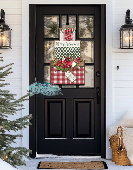 Rustic Wooden Buffalo Plaid Polka Dot and Striped Personalized Stacked Christmas Presents Door Hanger