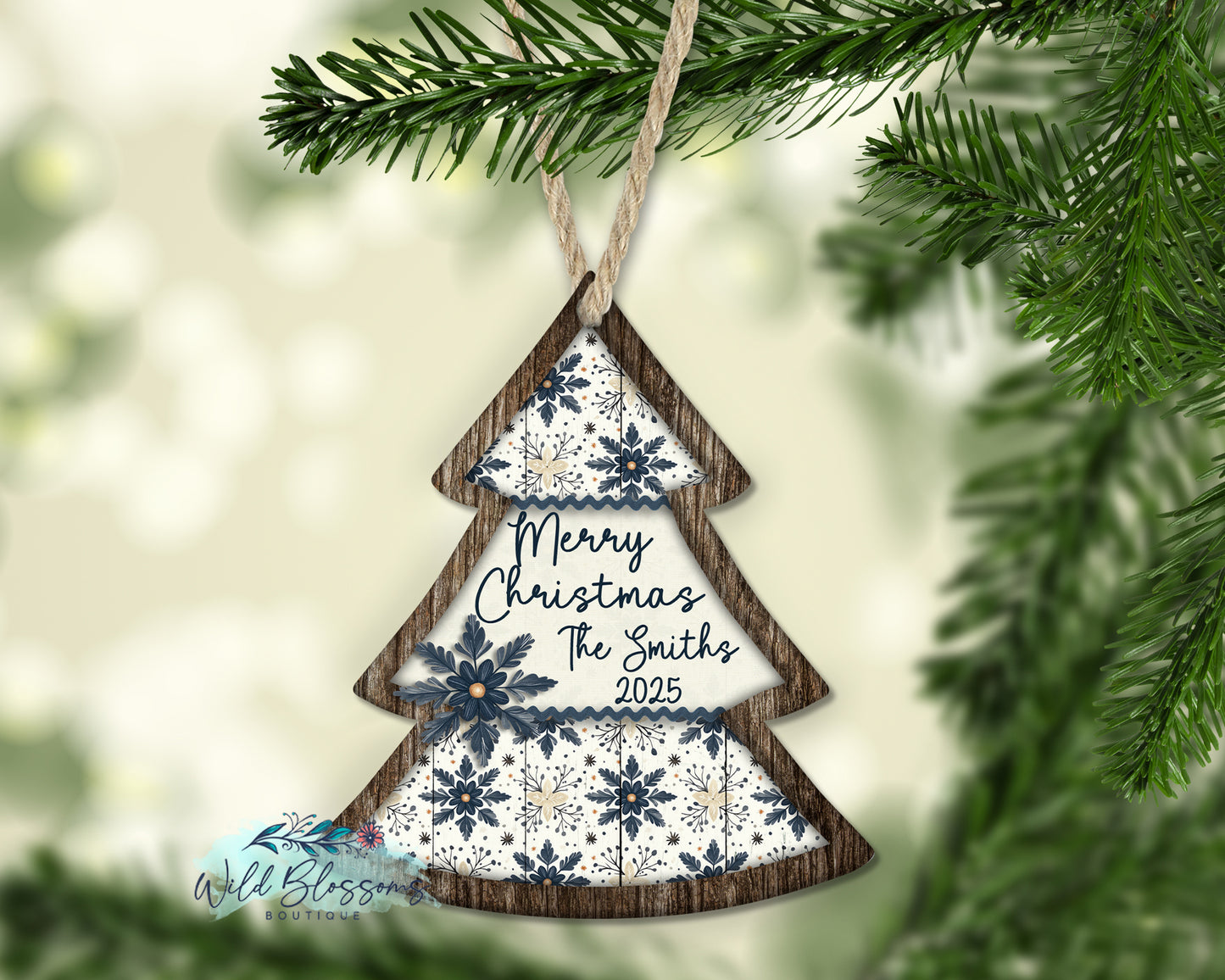 Rustic Wooden Navy and Cream Snowflake Personalized Christmas Tree Ornament