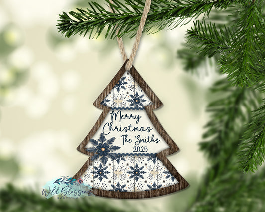 Rustic Wooden Navy and Cream Snowflake Personalized Christmas Tree Ornament