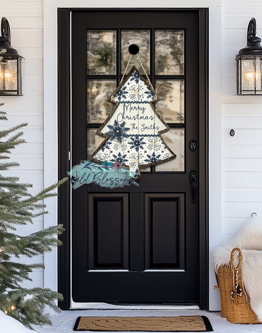 Rustic Wooden Navy and Cream Snowflake Personalized Christmas Tree Door Hanger