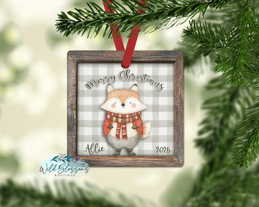 Rustic Wooden Framed Buffalo Plaid Fox Personalized Ornament