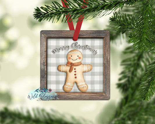 Rustic Wooden Framed Buffalo Plaid Gingerbread Man Personalized Ornament
