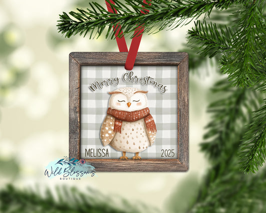 Rustic Wooden Framed Buffalo Plaid Owl Personalized Ornament