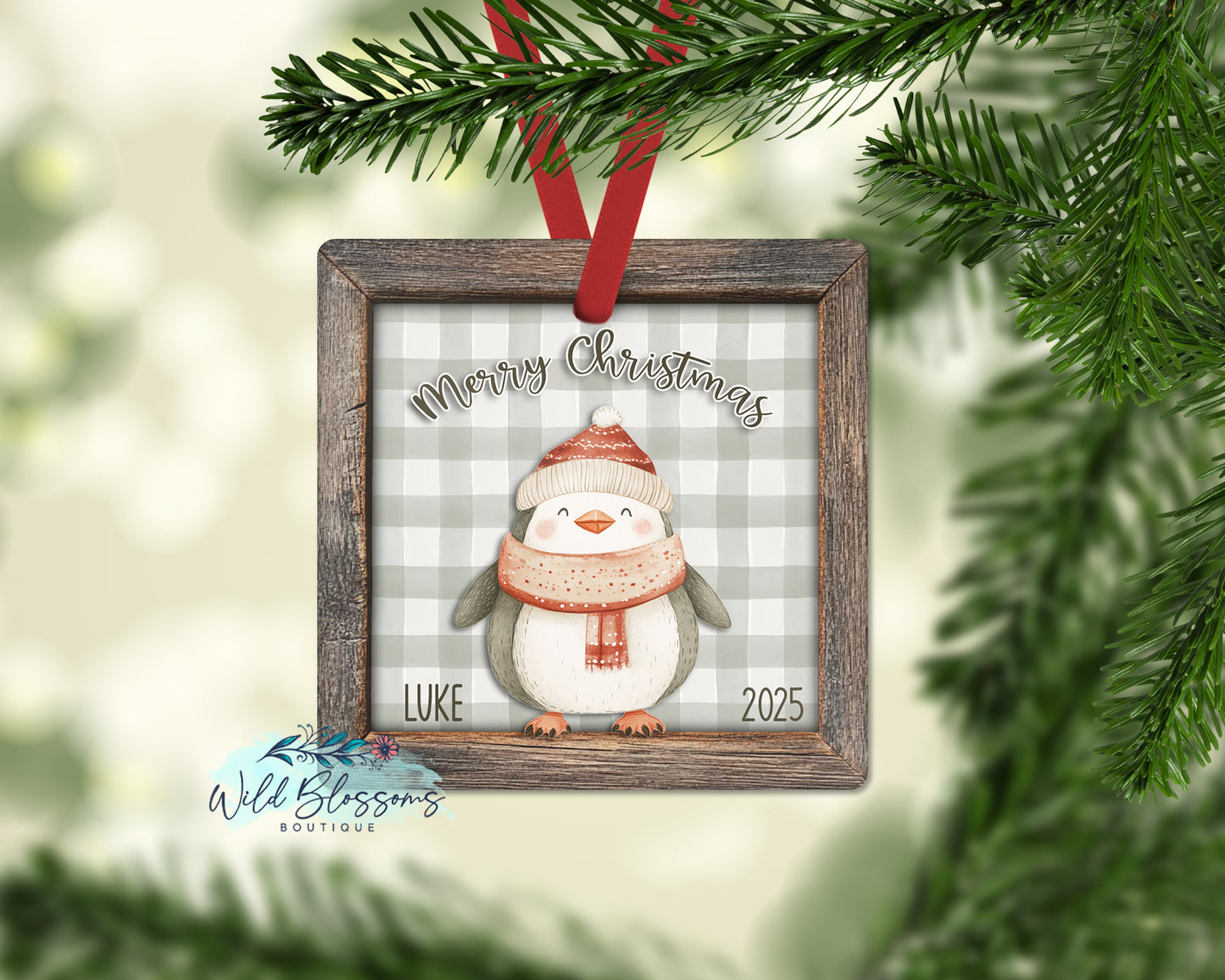 Rustic Wooden Framed Buffalo Plaid Penguin Personalized Ornament