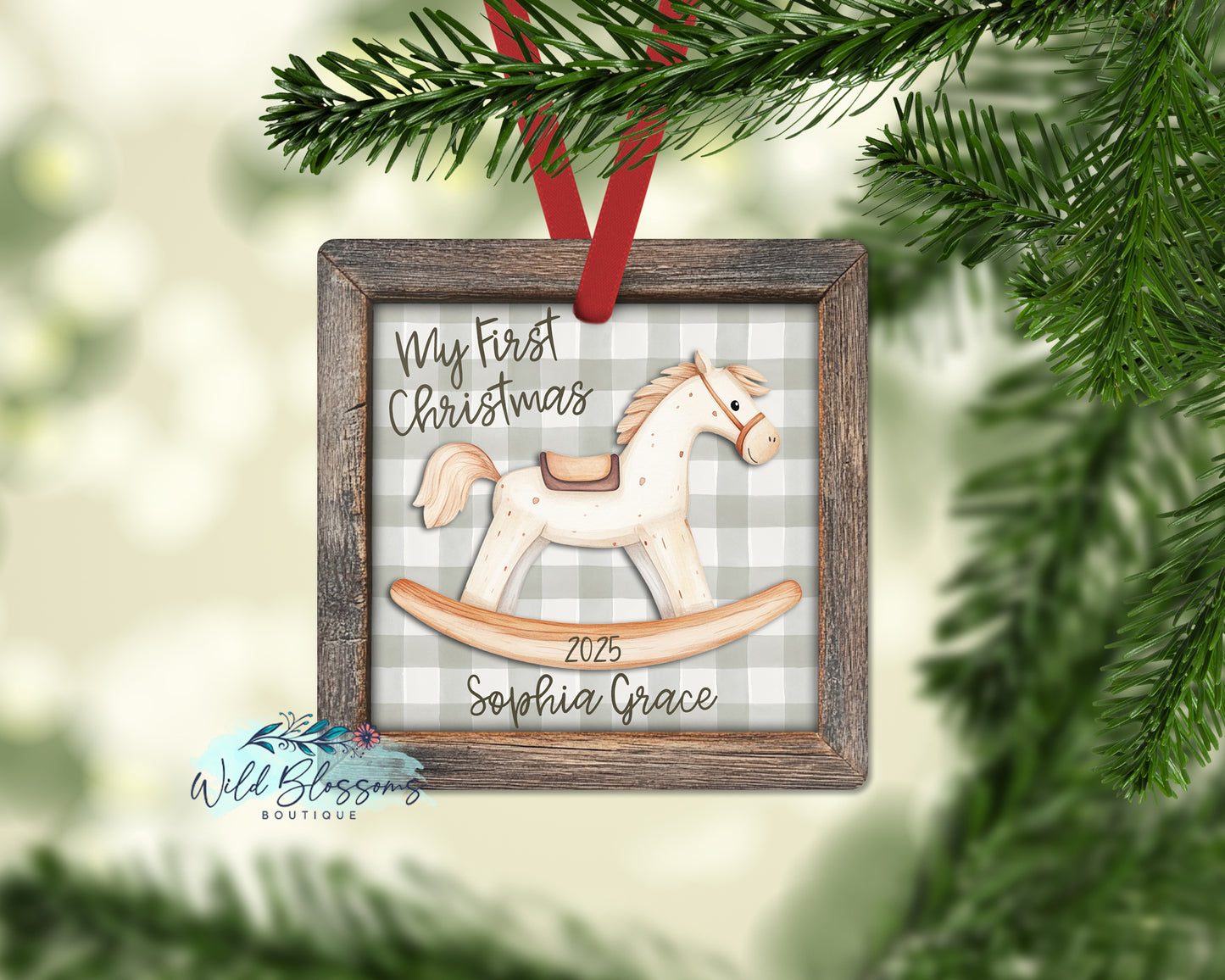 Rustic Wooden Framed Buffalo Plaid Rocking Horse Personalized Ornament