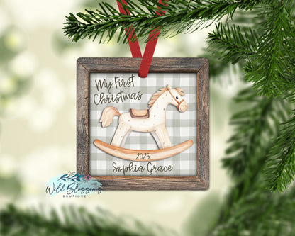 Rustic Wooden Framed Buffalo Plaid Rocking Horse Personalized Ornament
