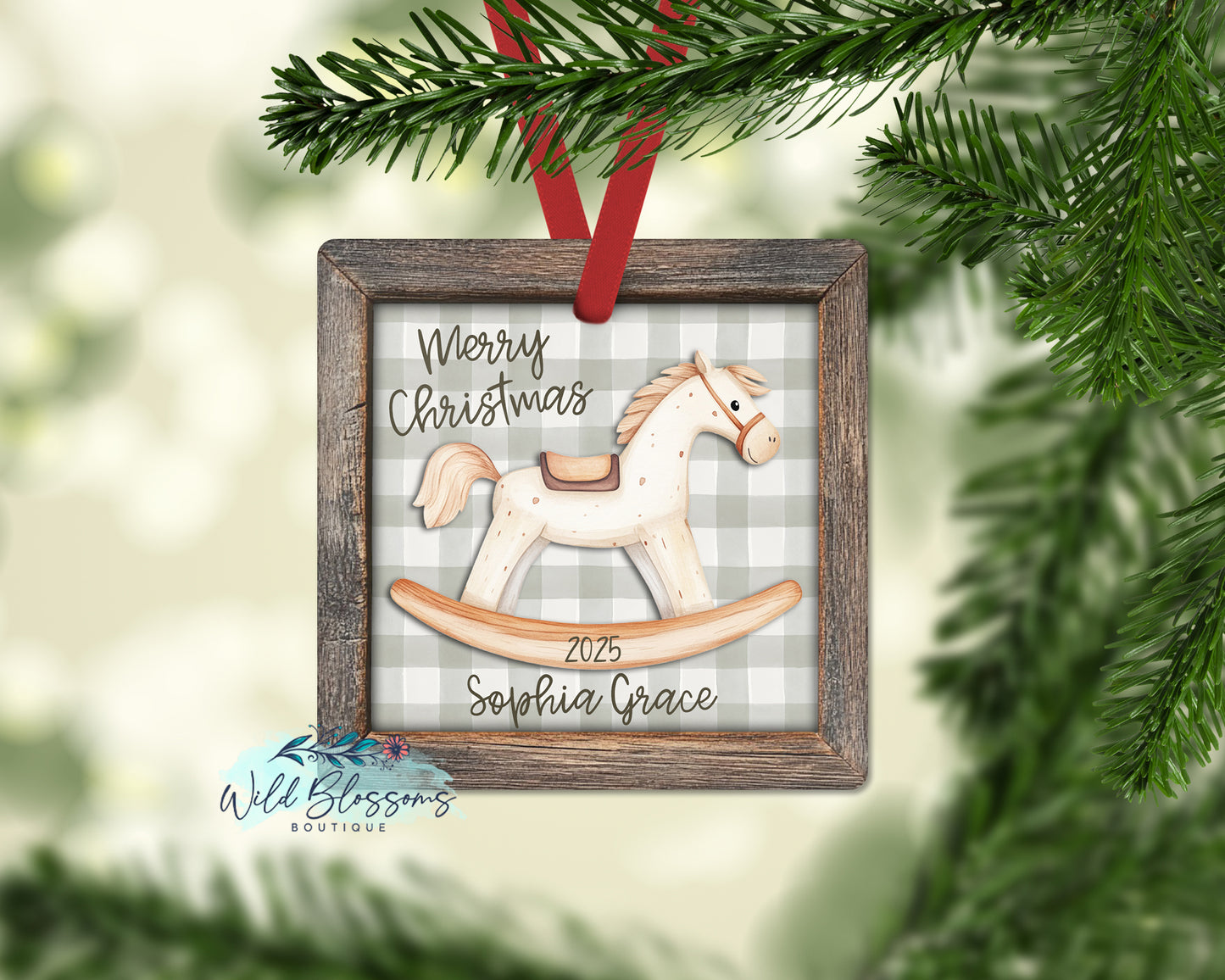Rustic Wooden Framed Buffalo Plaid Rocking Horse Personalized Ornament