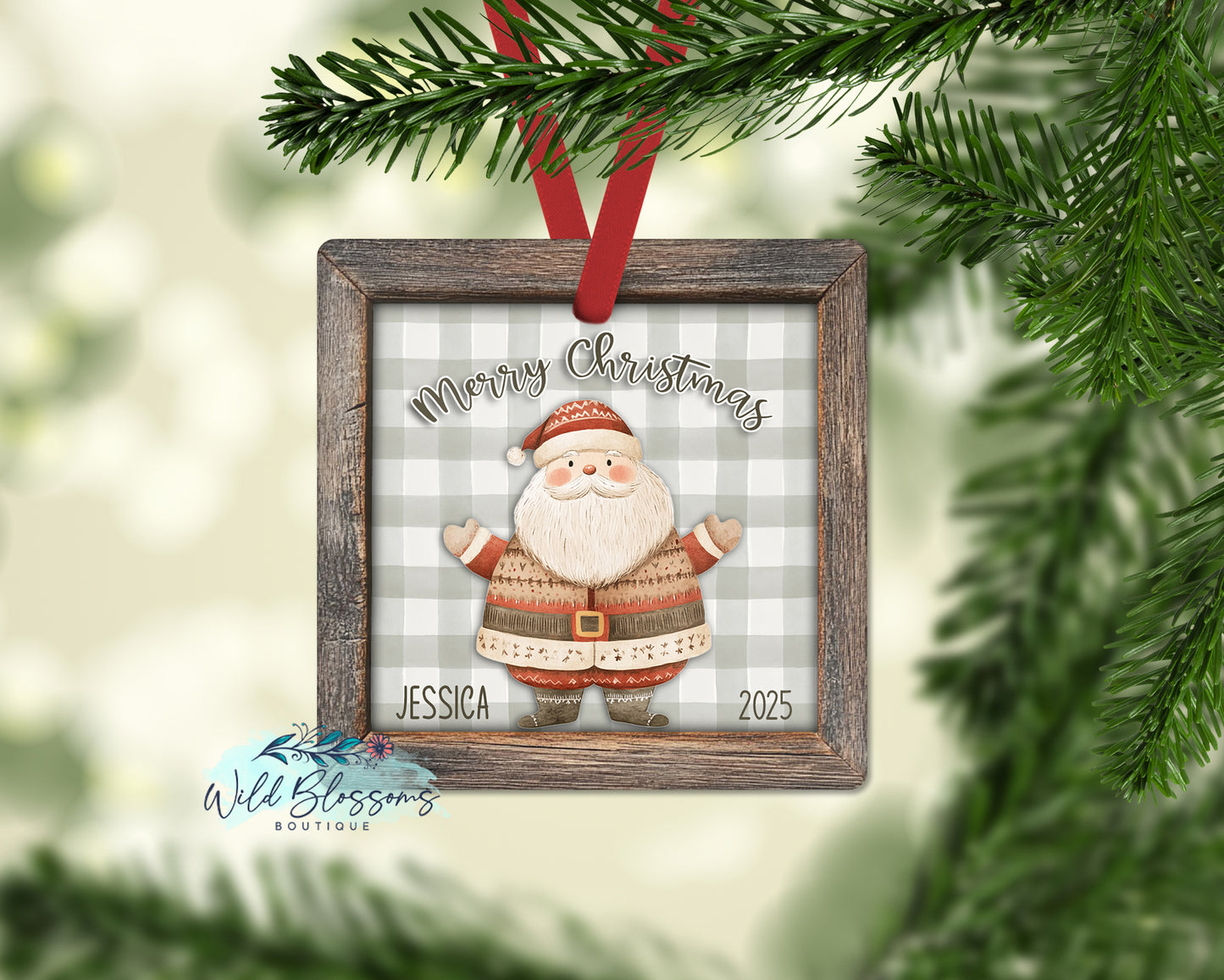 Rustic Wooden Framed Buffalo Plaid Santa Personalized Ornament