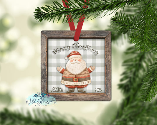 Rustic Wooden Framed Buffalo Plaid Santa Personalized Ornament