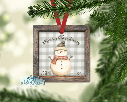 Rustic Wooden Framed Buffalo Plaid Snowman Personalized Ornament