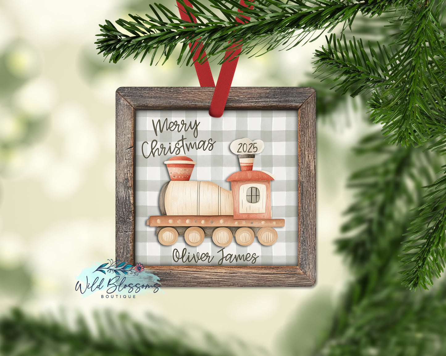 Rustic Wooden Framed Buffalo Plaid Train Personalized Ornament