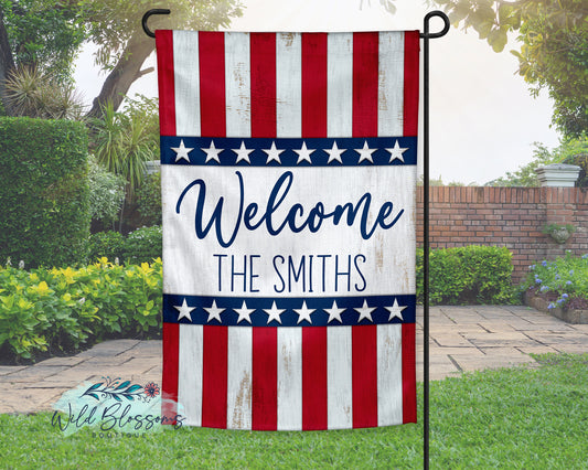 Rustic Wooden Patriotic Welcome Personalized Garden Flag