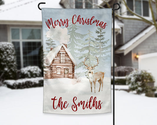 Rustic Woodland Cabin and Deer Personalized Garden Flag