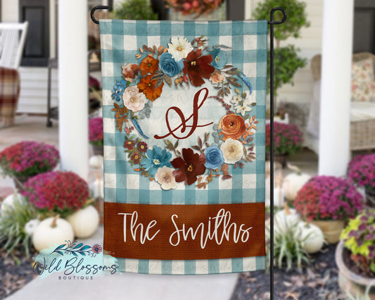Rust and Teal Buffalo Plaid Floral Fall Personalized Garden Flag