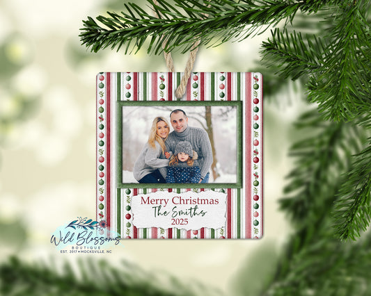 Red and Green Christmas Ball Striped Personalized Photo Ornament