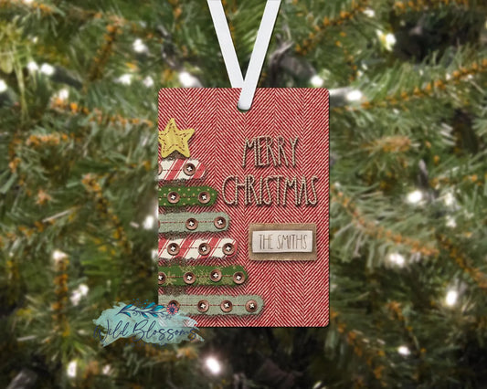 Red and White Herringbone Button Christmas Tree Merry Christmas Personalized Ornament