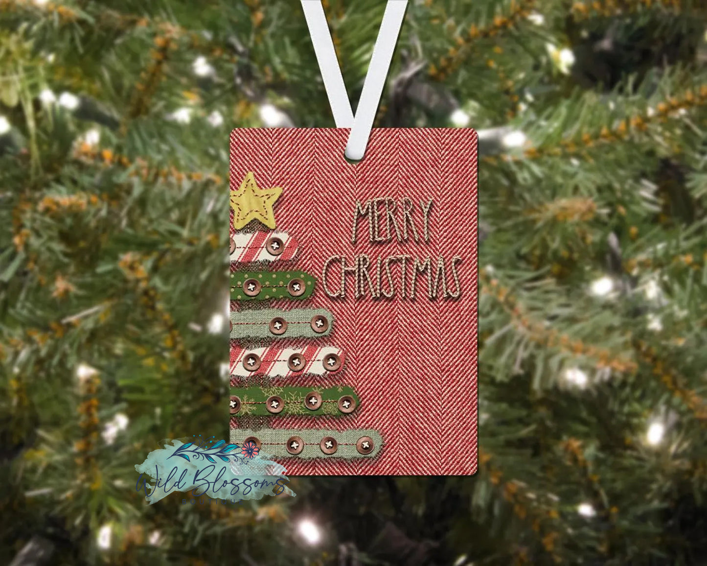 Red and White Herringbone Button Christmas Tree Merry Christmas Personalized Ornament