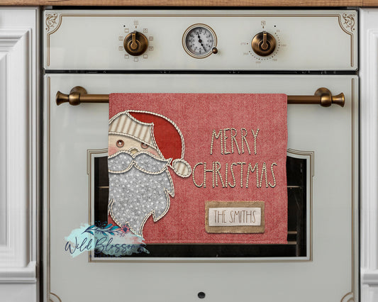 Red and White Herringbone Christmas Santa Merry Christmas Personalized Kitchen Towel