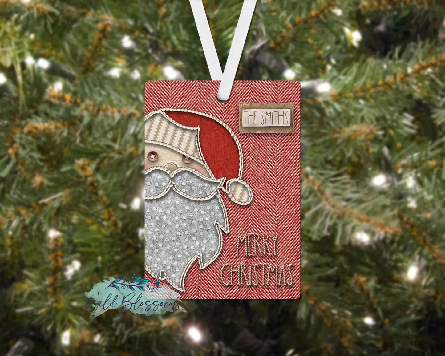 Red and White Herringbone Christmas Santa Merry Christmas Personalized Ornament