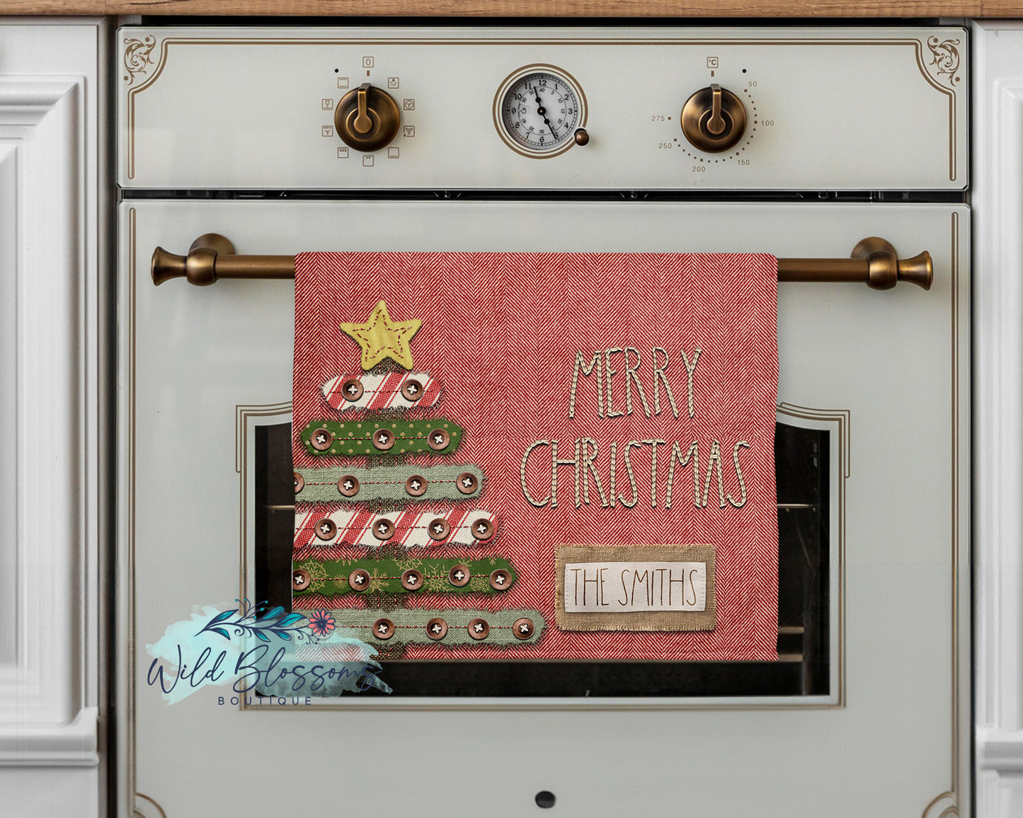 Red and White Herringbone Christmas Tree Merry Christmas Personalized Kitchen Towel