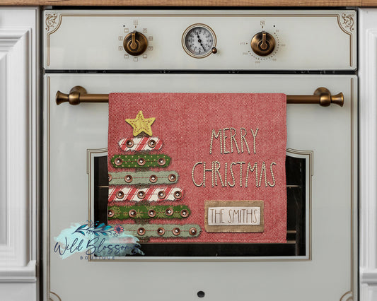 Red and White Herringbone Christmas Tree Merry Christmas Personalized Kitchen Towel