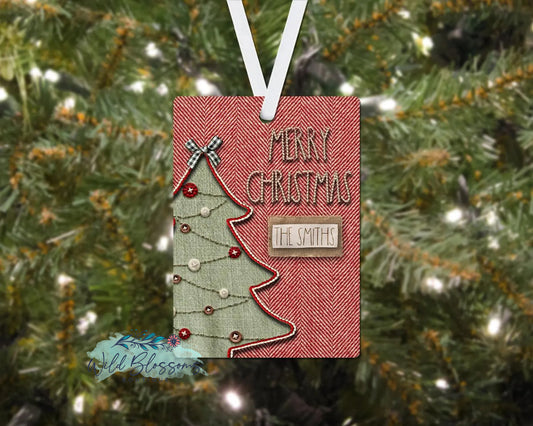 Red and White Herringbone Christmas Tree Merry Christmas Personalized Ornament