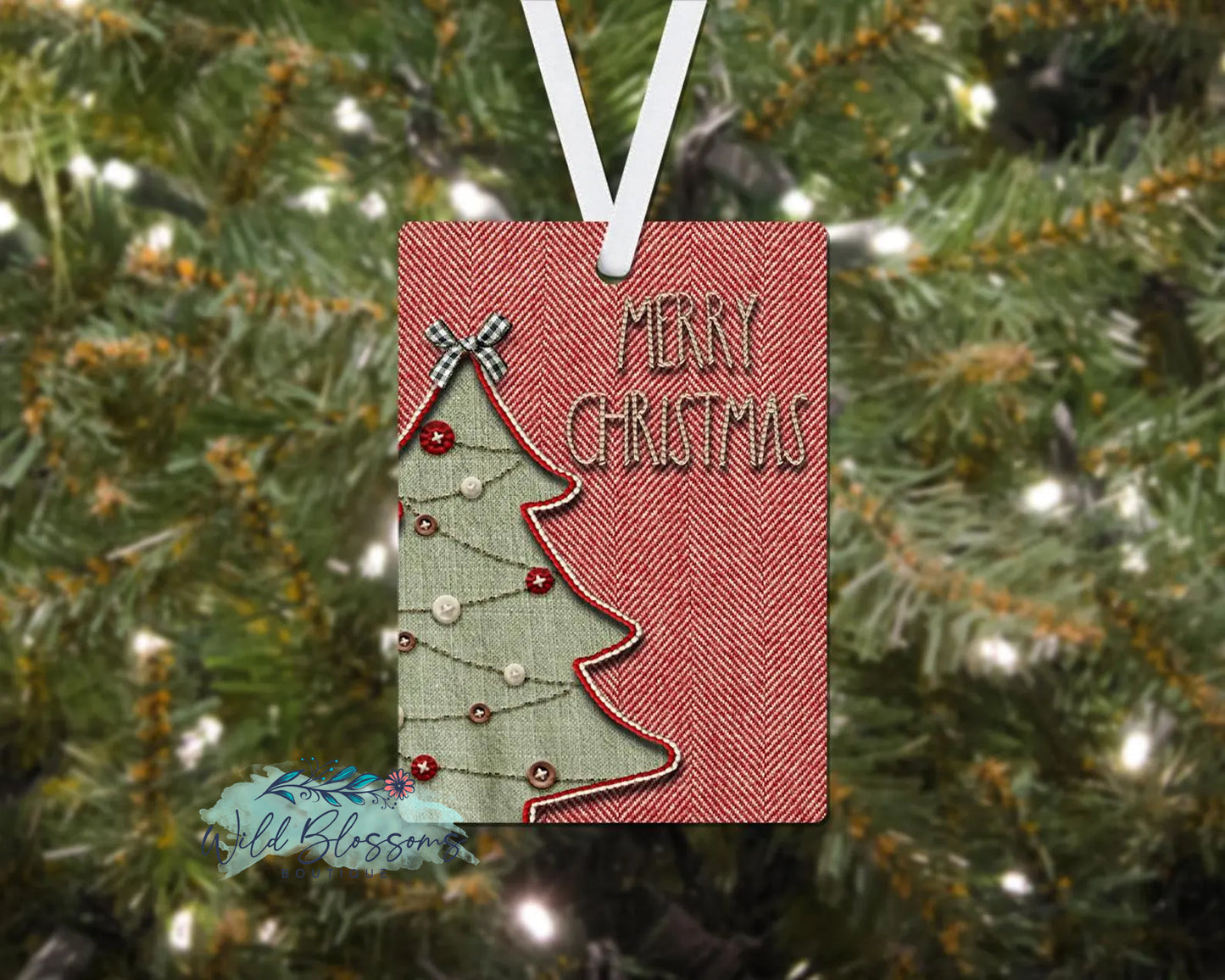 Red and White Herringbone Christmas Tree Merry Christmas Personalized Ornament
