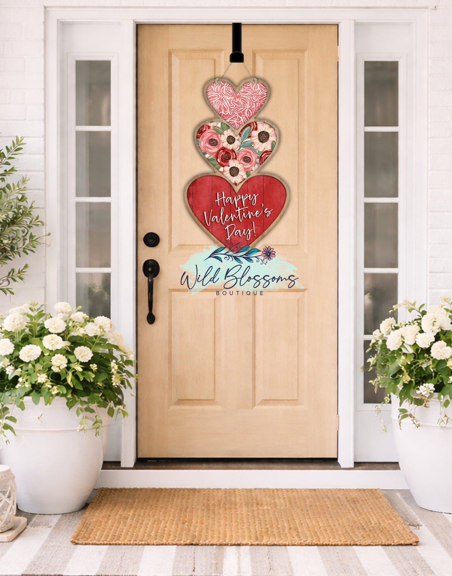 Rustic Floral Happy Valentine's Day Stacked Hearts Personalized Door Hanger