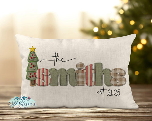 Rustic Frayed Faux Stitched Personalized Family Name Lumbar Pillow