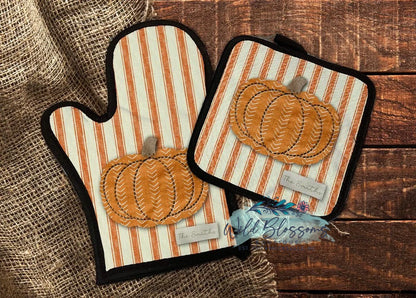 Rustic Stitched Pumpkin Grain Sack Fall Personalized Pot Holder And Oven Mitt