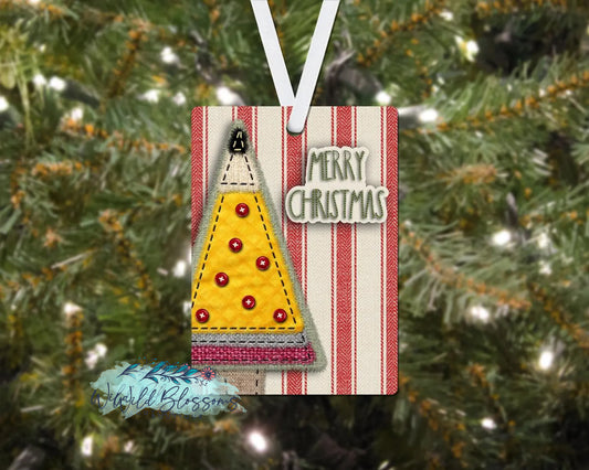 Rustic Stitched Fabric Teacher Pencil Christmas Tree Personalized Ornament