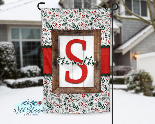 Rustic Wood Frame Christmas Berry Personalized Garden Flag