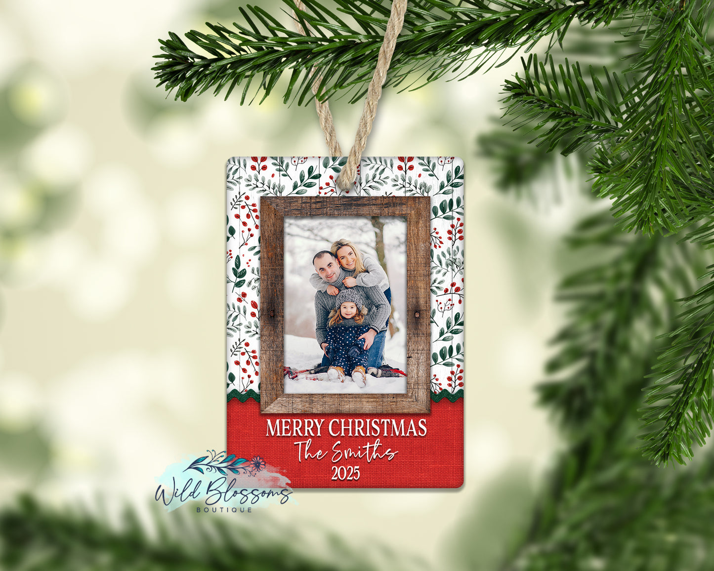 Rustic Wood Frame Christmas Berry Personalized Photo Ornament