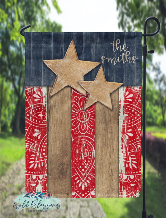 Rustic Wooden American Flag Personalized Garden Flag