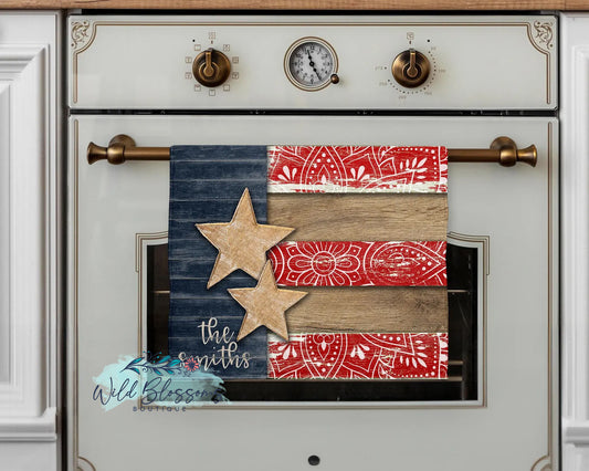 Rustic Wooden American Flag Personalized Kitchen Towel
