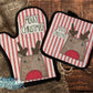 Rustic Stitched Fabric Reindeer Merry Christmas Personalized Oven Mitt and Pot Holder