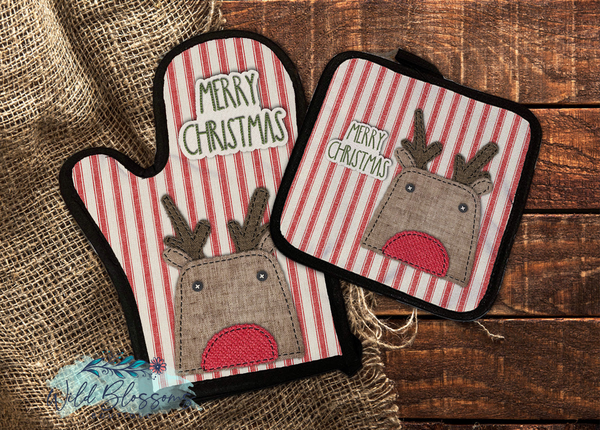 Rustic Stitched Fabric Reindeer Merry Christmas Personalized Oven Mitt and Pot Holder