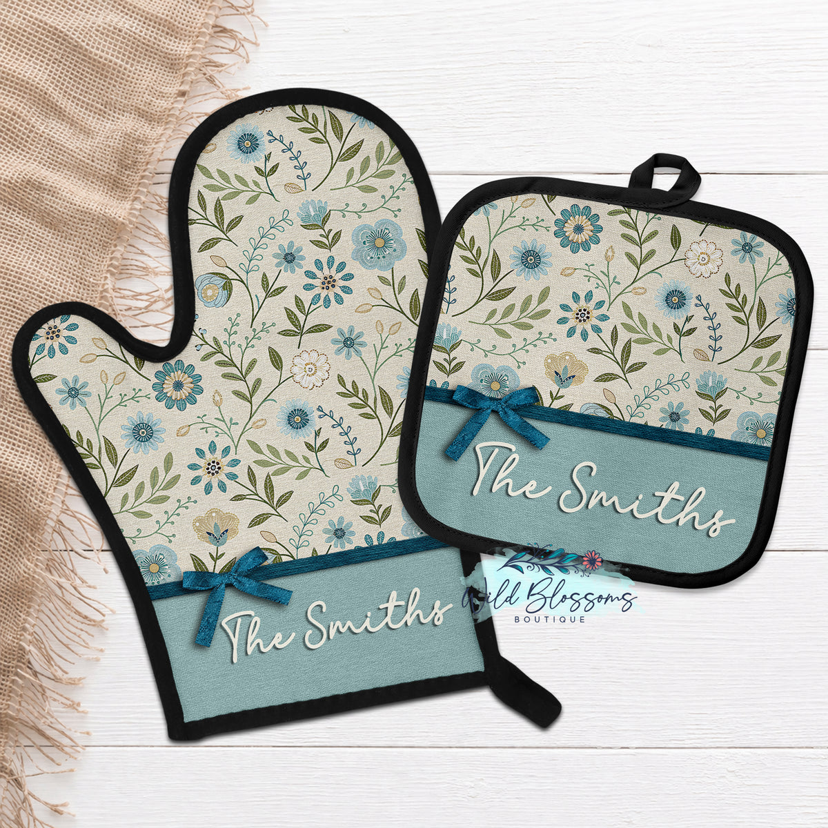 Soft Blue Wildflower Personalized Oven Mitt & Pot Holder Set