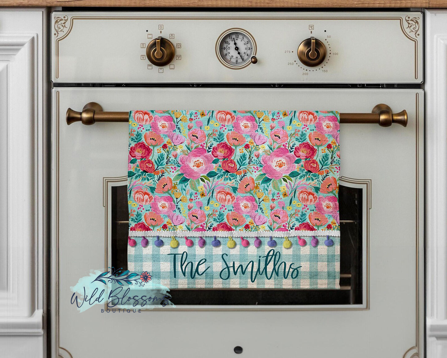 Spring Gingham Floral Personalized Kitchen Towel