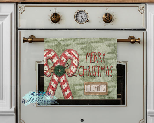 Stitched Candy Cane Merry Christmas Plaid Personalized Kitchen Towel