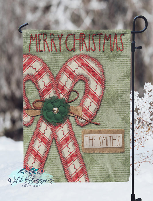 Stitched Candy Cane Merry Christmas Plaid Personalized Garden Flag